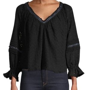 Free People Darcy Black Eyelet Vneck Bohemian Balloon Sleeve Blouse Size Small.